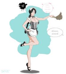 Rule 34 | 1girl, apron, black hair, bleach, braid, breasts, cleavage, drtoxic, english text, large breasts, legs, maid, mary janes, shoes, simple background, solo, unohana retsu