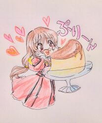 Rule 34 | 1girl, blush, breasts, brown eyes, brown hair, dress, erica fontaine, food, hands on own face, happy, heart, heart-shaped pupils, highres, long hair, nun, open mouth, pudding, sakura taisen, sega, small breasts, smile, solo, symbol-shaped pupils, traditional media