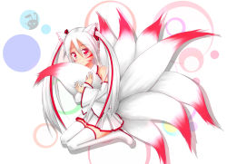 Rule 34 | 1girl, animal ears, beta x, colored eyelashes, detached sleeves, facial mark, fox ears, fox tail, hair ornament, hatsune miku, highres, hugging own tail, hugging tail, kemonomimi mode, long hair, looking at viewer, multicolored hair, multiple tails, pleated skirt, red eyes, sitting, skirt, smile, solo, tail, thighhighs, twintails, two-tone hair, vocaloid, wariza, white hair, white thighhighs, zettai ryouiki