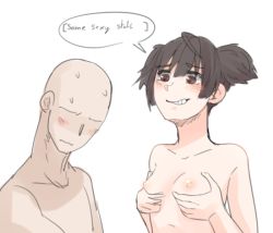 Rule 34 | 1boy, 1girl, blush, breast hold, breasts, brown eyes, brown hair, drawfag, faceless, faceless male, grin, k-on!, medium hair, nervous, nude, short twintails, simple background, small breasts, smile, speech bubble, suzuki jun, sweatdrop, topless, twintails, uncensored, upper body, white background