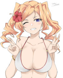 Rule 34 | 1girl, artist name, bikini, blonde hair, breasts, cleavage, dated, double v, flower, gakky, grin, hibiscus, honolulu (kancolle), kantai collection, large breasts, looking at viewer, official alternate costume, one-hour drawing challenge, one eye closed, purple eyes, simple background, smile, solo, swimsuit, teeth, twintails, upper body, v, white background, white bikini