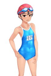 Rule 34 | 1girl, absurdres, aqua one-piece swimsuit, black hair, blue sky, brown eyes, commentary request, competition school swimsuit, covered navel, feet out of frame, goggles, goggles on head, hand on own hip, highres, name tag, one-piece swimsuit, original, red headwear, school swimsuit, short hair, simple background, sky, solo, standing, swim cap, swimsuit, takafumi, tan, tomboy, variant set, white background
