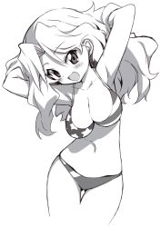 Rule 34 | 10s, 1girl, :d, adjusting hair, american flag bikini, american flag print, armpits, arms behind head, arms up, bad id, bad twitter id, bikini, breasts, cleavage, cowboy shot, cropped legs, flag print, girls und panzer, gluteal fold, greyscale, hair intakes, head tilt, kay (girls und panzer), large breasts, leaning to the side, long hair, looking at viewer, monochrome, navel, open mouth, print bikini, smile, solo, standing, swimsuit, take shinobu, thigh gap