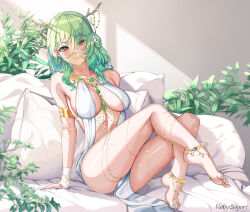 Rule 34 | 1girl, anklet, antlers, artist name, bare shoulders, barefoot, blush, bracelet, braid, braided bangs, branch, breasts, ceres fauna, cleavage, dancer, feet, flower, green hair, green nails, hair flower, hair ornament, harem outfit, highres, hololive, hololive english, horns, jewelry, large breasts, legs, long hair, looking at viewer, mole, mole under eye, mouth veil, multicolored hair, pillow, plant, revealing clothes, ruby suguri, smile, solo, thighs, veil, virtual youtuber, yellow eyes