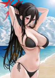 Rule 34 | 1girl, absurdres, alternate costume, armpits, arms up, beach, bikini, black bikini, black hair, blue archive, blue sky, breasts, cleavage, cloud, cloudy sky, commentary request, cowboy shot, day, eksldpf75, hair between eyes, hair tie in mouth, halo, hasumi (blue archive), highres, large breasts, lens flare, long bangs, long hair, looking to the side, mouth hold, navel, ocean, ponytail, red eyes, red halo, side-tie bikini bottom, sky, solo, standing, sun, sweat, swimsuit, tying hair