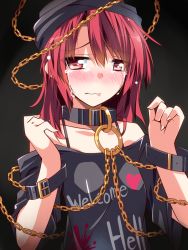 Rule 34 | 1girl, 3:, blush, bracelet, chain, clothes writing, collar, collarbone, crying, hat, hecatia lapislazuli, hemogurobin a1c, jewelry, looking at viewer, off shoulder, red eyes, red hair, shirt, simple background, solo, tears, touhou, upper body
