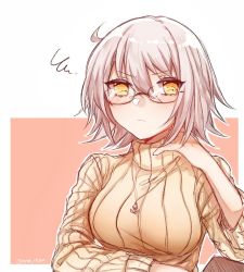 Rule 34 | 1girl, adjusting clothes, ahoge, alternate costume, bespectacled, blush, breasts, casual, closed mouth, fate/apocrypha, fate (series), glasses, hair between eyes, jeanne d&#039;arc (fate), jeanne d&#039;arc alter (avenger) (fate), jeanne d&#039;arc alter (fate), jewelry, long sleeves, looking at viewer, medium breasts, necklace, pendant, ribbed sweater, rimless eyewear, short hair, solo, squiggle, sweater, twitter username, two-tone background, upper body, white hair, yellow eyes, yellow sweater, yukari  (bryleluansing)