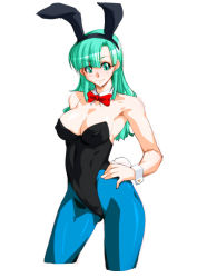 Rule 34 | 1girl, animal ears, aqua eyes, aqua hair, armpits, asymmetrical bangs, bare shoulders, black leotard, blue pantyhose, blush, bow, bowtie, breasts, bulma, cleavage, closed mouth, contrapposto, covered erect nipples, detached collar, dragon ball, dragon ball (classic), fake animal ears, female focus, hand on own hip, highleg, highleg leotard, large breasts, leotard, long hair, looking at viewer, matching hair/eyes, neck, pantyhose, playboy bunny, qkat (arikawa-dou), rabbit ears, rabbit tail, red bow, red bowtie, simple background, smile, solo, standing, strapless, strapless leotard, tail, white background, wrist cuffs