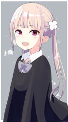 Rule 34 | 1girl, :d, absurdres, black sweater, blonde hair, blunt bangs, border, bow, bowtie, collared shirt, commentary request, eyelashes, fanged bangs, flower, from side, grey background, hair flower, hair ornament, highres, jyoji00, long hair, long sleeves, looking at viewer, looking to the side, open mouth, original, outside border, purple bow, purple bowtie, purple eyes, shirt, smile, solo, sweater, turning head, twintails, upper body, v-neck, white border, white flower, white shirt