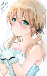 Rule 34 | 1girl, 9610 (kuroto), absurdres, alternate costume, anchor hair ornament, aqua eyes, artist name, bare shoulders, blonde hair, blue dress, blue gloves, blush, dated, dress, gloves, hair ornament, highres, kantai collection, long hair, looking at viewer, prinz eugen (kancolle), sleeveless, sleeveless dress, smile, solo, twintails, twitter username, upper body