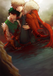 Rule 34 | 2boys, alternate costume, bakugou katsuki, black legwear, blonde hair, blood, blood on face, boku no hero academia, boots, cape, clenched teeth, commentary, english commentary, closed eyes, full body, fur collar, fur trim, gloves, green hair, highres, holding, holding person, injury, kneeling, looking at another, male focus, midoriya izuku, multiple boys, pants, red gloves, shirt, short hair, spiked hair, teeth, toneru, torn clothes, water, watermark, white shirt