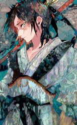 Rule 34 | 1boy, absurdres, black hair, blue eyes, chinese clothes, hanfu, highres, holding, holding polearm, holding weapon, looking at viewer, magi the labyrinth of magic, patterned clothing, patterned hair, polearm, ren hakuryuu, scar, scar on face, solo, weapon, yadu nadu