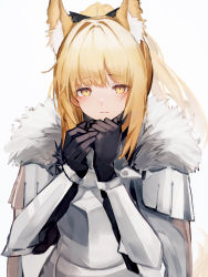 Rule 34 | 1girl, absurdres, animal ear fluff, animal ears, arknights, armor, black gloves, blemishine (arknights), blonde hair, blush, fur-trimmed armor, fur trim, gloves, highres, horse ears, horse girl, horse tail, light smile, long hair, looking at viewer, plate armor, ponytail, simple background, solo, tab head, tail, white background, yellow eyes