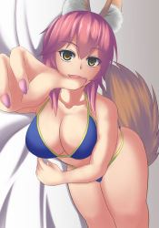Rule 34 | 1girl, animal ear fluff, animal ears, artist request, bikini, blue bikini, breasts, cleavage, collarbone, fang, fate/grand order, fate (series), fox ears, fox girl, fox tail, highres, large breasts, looking at viewer, lying, nail polish, on side, open mouth, pink hair, side-tie bikini bottom, solo, swimsuit, tail, tamamo (fate), tamamo no mae (fate/extra), tamamo no mae (swimsuit lancer) (fate), yellow eyes