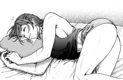 Rule 34 | bed, bed sheet, breasts, commentary, commentary request, closed eyes, greyscale, highres, hong meiling, koyubi (littlefinger1988), large breasts, long hair, lying, messy hair, monochrome, muscular, muscular female, on bed, on side, open mouth, pillow, scar, shorts, sideboob, simple background, sleeping, solo, star (symbol), star print, tank top, thighs, touhou