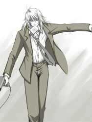 Rule 34 | 1boy, beshiexe, bread slice, dissidia final fantasy, final fantasy, final fantasy i, food, food in mouth, formal, greyscale, hair dryer, male focus, monochrome, mouth hold, necktie, school uniform, solo, suit, toast, toast in mouth, warrior of light (ff1)