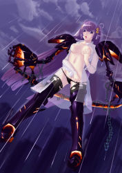 Rule 34 | 1girl, :o, absurdres, black panties, black thighhighs, boots, grabbing another&#039;s breast, breasts, chain, cloud, cloudy sky, female focus, female masturbation, flying, from below, full body, grabbing, hair ornament, highres, iyume, large breasts, long hair, long sleeves, looking at viewer, looking down, masturbation, navel, no bra, nude, open mouth, outdoors, panties, purple eyes, purple hair, rain, see-through, side-tie panties, sky, socks, solo, thigh boots, thighhighs, torn clothes, underwear, undressing, very long hair, wings