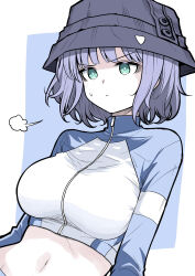 Rule 34 | 1girl, blue archive, breasts, bucket hat, crop top, green eyes, hat, highres, large breasts, navel, osr5555, puff of air, purple hair, rash guard, saki (blue archive), saki (swimsuit) (blue archive), short hair, skin tight, solo, sweat, v-shaped eyebrows, zipper