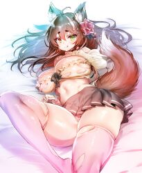 Rule 34 | 1girl, absurdres, ahoge, animal ear fluff, animal ears, anju (ni7525), black skirt, borrowed character, breasts, brown hair, commission, commissioner upload, flower, fox ears, fox girl, fox tail, frilled shirt, frills, green eyes, hair flower, hair ornament, hand on own chest, heterochromia, highres, large breasts, licking lips, long hair, lying, manyuu kaeru tasuke sansei, midriff, miniskirt, mole, mole on breast, mole under mouth, multicolored hair, navel, non-web source, on back, original, panties, pixiv commission, pleated skirt, red flower, red rose, rose, shirt, short eyebrows, skindentation, skirt, solo, streaked hair, tail, thighhighs, tongue, tongue out, torn clothes, torn shirt, torn thighhighs, underwear, white thighhighs, yellow eyes