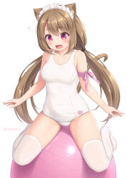 Rule 34 | 1girl, animal ears, arm ribbon, ball, bare shoulders, blush, breasts, brown hair, cat ears, cat tail, covered navel, exercise ball, flying sweatdrops, highres, long hair, low twintails, maid headdress, medium breasts, one-piece swimsuit, open mouth, original, pink eyes, pink ribbon, ribbon, sasaame, simple background, solo, swimsuit, tail, thighhighs, torte (sasaame), twintails, very long hair, white background, white one-piece swimsuit, white thighhighs