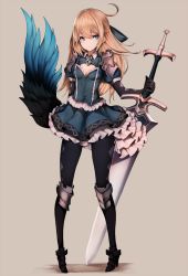 Rule 34 | 1girl, argyle, argyle clothes, argyle gloves, argyle legwear, armor, armored boots, bad id, bad twitter id, black pantyhose, blonde hair, blue eyes, boots, frilled skirt, frills, full body, gloves, highres, holding, holding sword, holding weapon, huge weapon, jewelry, long hair, original, pantyhose, pauldrons, puffy short sleeves, puffy sleeves, short sleeves, shoulder armor, simple background, skirt, snm (sunimi), solo, sword, weapon, wings