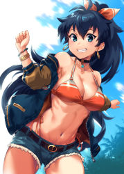 Rule 34 | 1girl, antenna hair, aqua eyes, bare shoulders, belt, bikini, bikini under clothes, black choker, black hair, blue jacket, blue shorts, bow, bracelet, breasts, choker, cleavage, collarbone, commentary request, cowboy shot, cutoffs, day, earrings, fang, ganaha hibiki, grin, hair between eyes, hair bow, halterneck, hands up, high ponytail, highleg, highleg bikini, highres, hoop earrings, idolmaster, idolmaster (classic), jacket, jewelry, large breasts, letterman jacket, long hair, looking at viewer, mikel (4hands), navel, off shoulder, open clothes, open jacket, orange bikini, orange bow, outdoors, palm tree, pendant, pocket, short shorts, shorts, side-tie bikini bottom, sleeves past elbows, smile, solo, standing, stomach, swimsuit, tree, unzipped, very long hair, zipper pull tab