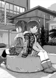 Rule 34 | 2girls, boots, building, coat, greyscale, hands in pockets, hands on lap, looking at viewer, monochrome, multiple girls, original, parka, petite, plaid, plaid skirt, rake, rustle, scarf, short hair, sitting, skirt, smile, thighhighs, twintails, union jack