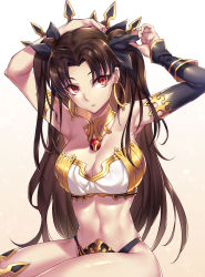 Rule 34 | 1girl, armlet, armpits, arms up, black hair, black ribbon, black thighhighs, blush, breasts, cleavage, closed mouth, commentary request, earrings, fate/grand order, fate (series), gloves, hair ribbon, highres, hoop earrings, ishtar (fate), jewelry, long hair, looking at viewer, medium breasts, nasaniliu, navel, parted bangs, red eyes, red ribbon, revision, ribbon, simple background, single glove, single thighhigh, solo, thighhighs, tiara, two side up, very long hair, white background