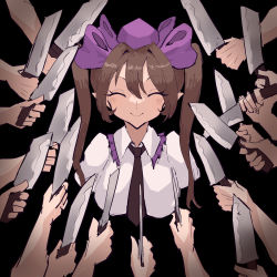Rule 34 | 1girl, 6+others, absurdres, bad id, bad twitter id, black background, black necktie, brown hair, closed eyes, closed mouth, hat, highres, himekaidou hatate, holding, holding knife, john wick, knife, medium hair, mugi (mugimugi 9kv), multiple others, necktie, parody, pointy ears, purple hat, short sleeves, simple background, smile, solo, surrounded, tokin hat, touhou, twintails