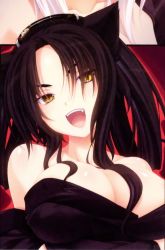 Rule 34 | 10s, animal ears, black hair, breasts, cleavage, hair ornament, high school dxd, highres, kuroka, kuroka (high school dxd), large breasts, long hair, miyama-zero, official art, open mouth, smile, yellow eyes