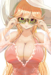 Rule 34 | 1girl, adjusting eyewear, adjusting glasses, azur lane, bare shoulders, blonde hair, breasts, brown hair, chinese text, cleavage, closed mouth, collarbone, commentary request, frills, hair between eyes, hat, highres, large breasts, long hair, looking at viewer, nail polish, one-piece swimsuit, orange nails, pink one-piece swimsuit, plunging neckline, richelieu (azur lane), richelieu (fleuron of the waves) (azur lane), simplified chinese text, smile, solo, sun hat, sunglasses, swimsuit, thiosuke, tinted eyewear, upper body, very long hair, white background, white hat, yellow-tinted eyewear, yellow-tinted glasses
