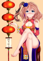 Rule 34 | 10s, 1girl, absurdres, alternate costume, bad id, bad pixiv id, barefoot, blue eyes, blush, breasts, brown hair, china dress, chinese clothes, chinese new year, cleavage, commentary request, detached sleeves, dress, embarrassed, flower, hair flower, hair ornament, happy new year, highres, kantai collection, lampion, large breasts, crossed legs, long hair, looking at viewer, new year, pelvic curtain, phantom zwei, saratoga (kancolle), side ponytail, side slit, sitting, solo, tabard