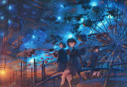 Rule 34 | 3girls, amusement park, black hair, blue eyes, clenched hand, cloud, cloudy sky, dress, highres, kenzo 093, looking at viewer, looking to the side, multiple girls, night, night sky, original, outdoors, red eyes, scenery, short hair, sitting, skirt, sky, smile, socks, star (sky), starry sky, sunset, wheel