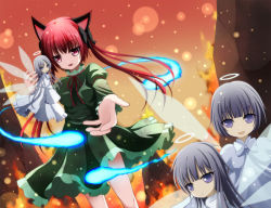 Rule 34 | 4girls, alternate hairstyle, animal ears, bad id, bad pixiv id, black bow, black hair, bow, capelet, cat ears, dress, dutch angle, empty eyes, fairy, fairy wings, fiery background, fire, fire, green dress, hair bow, halo, jitome, kaenbyou rin, long hair, long sleeves, looking at viewer, multiple girls, open mouth, outstretched hand, palms, purple eyes, reaching, reaching towards viewer, rock, short hair, sleeves past wrists, soraneko93, standing, touhou, tsurime, twintails, white bow, white dress, wings, zombie fairy (touhou)