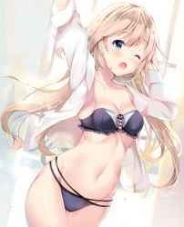 Rule 34 | 1girl, ;o, arm up, bad id, bad pixiv id, black bra, black panties, blonde hair, blue eyes, blush, bra, breasts, cleavage, collarbone, collared shirt, commentary request, day, dutch angle, hair between eyes, long hair, long sleeves, medium breasts, multi-strapped panties, navel, one eye closed, open clothes, open mouth, open shirt, original, panties, revision, shirt, solo, standing, suihi, sunlight, underwear, very long hair, white shirt, window