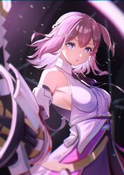 Rule 34 | 1girl, :o, asta (honkai: star rail), bare shoulders, blue eyes, breasts, commentary request, detached sleeves, hair ornament, hairclip, highres, honkai: star rail, honkai (series), looking at viewer, medium hair, one side up, parted lips, pink hair, sera narumu, shirt, sideboob, sleeveless, sleeveless shirt, small breasts, solo, upper body, white shirt