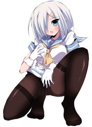 Rule 34 | 10s, 1girl, black pantyhose, blouse, blue eyes, breasts, gloves, hair ornament, hair over one eye, hairclip, hamakaze (kancolle), hand on own chest, kantai collection, open mouth, panties, panties under pantyhose, pantyhose, pleated skirt, saga taichi, school uniform, serafuku, shirt, short hair, silver hair, simple background, skirt, solo, underwear, white gloves
