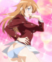 Rule 34 | 1girl, ass, blouse, blue eyes, blue panties, blush, breasts, brown hair, charlotte e. yeager, heart, large breasts, long hair, no pants, orange hair, panties, screencap, shirt, solo, standing, stitched, strike witches, third-party edit, underwear, white shirt, world witches series