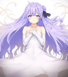 Rule 34 | 1girl, ahoge, azur lane, bare shoulders, collarbone, commentary request, detached sleeves, dress, hair bun, hair ribbon, hands on own chest, highres, kiyosato 0928, long hair, looking at viewer, one side up, parted lips, purple eyes, purple hair, ribbon, side bun, simple background, single hair bun, single side bun, solo, unicorn (azur lane), white background, white dress