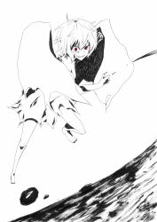 Rule 34 | 1girl, absurdres, barefoot, fang, greyscale, highres, jumping, monochrome, monokurokenkenpa, red eyes, remilia scarlet, short hair, solo, torn clothes, touhou, wings
