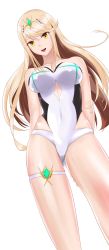 Rule 34 | 1girl, :d, bare arms, bare legs, bare shoulders, blonde hair, breasts, choker, covered navel, donageage, from below, highres, large breasts, long hair, looking at viewer, mythra (radiant beach) (xenoblade), mythra (xenoblade), one-piece swimsuit, open mouth, simple background, smile, solo, strapless, strapless one-piece swimsuit, swept bangs, swimsuit, thigh strap, tiara, white background, white choker, white one-piece swimsuit, xenoblade chronicles (series), xenoblade chronicles 2, yellow eyes