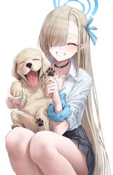 Rule 34 | 1girl, animal, asuna (blue archive), black choker, black skirt, blue archive, blue bow, blue bowtie, blue halo, blue nails, blue ribbon, blue scrunchie, bow, bowtie, chirang, choker, closed eyes, collarbone, collared shirt, dog, facing viewer, feet out of frame, fingernails, grin, hair over one eye, hair ribbon, halo, highres, light brown hair, long hair, nail polish, pleated skirt, ribbon, scrunchie, shirt, simple background, skirt, smile, solo, squatting, white background, white shirt, wrist scrunchie
