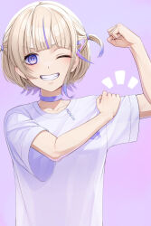 Rule 34 | 1girl, blonde hair, blue hair, choker, flexing, grin, hair ornament, hairpin, highres, hololive, hololive dev is, kz6cz, looking at viewer, multicolored hair, one eye closed, purple background, purple choker, purple eyes, shirt, smile, solo, streaked hair, todoroki hajime, two side up, virtual youtuber, white shirt