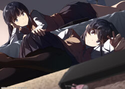 Rule 34 | 2girls, black eyes, black hair, black pantyhose, black skirt, blurry, brown sweater vest, closed mouth, collared shirt, commentary, dated, depth of field, feet out of frame, hair ornament, hairclip, hand on own hip, head rest, highres, indoors, long hair, long sleeves, looking at viewer, lying, makinohara shouko, multiple girls, necktie, no shoes, on bed, on floor, on side, pantyhose, pleated skirt, poster (object), raiz art works, red necktie, sakurajima mai, school uniform, seishun buta yarou, shirt, skirt, smile, sweater vest, white shirt