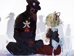 Rule 34 | 1girl, 5others, alternate eye color, black headwear, blonde hair, bow, broken mask, bubble skirt, colored eyelashes, cross, doll, doll joints, frilled shirt, frilled shirt collar, frilled sleeves, frills, gloves, heart, highres, joints, mask, medicine melancholy, multiple others, nameless hill, naufaldreamer, outdoors, paper, plague doctor, plague doctor mask, puffy short sleeves, puffy sleeves, red bow, red ribbon, ribbon, seiza, shirt, short hair, short sleeves, sitting, skirt, su-san, thick eyebrows, touhou, wavy hair, white background, wilted ahoge, yellow eyes