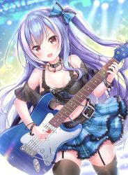 Rule 34 | 1girl, :d, absurdres, aoba project, aoba rena, bare shoulders, belt, black bra, black shirt, black thighhighs, blue hair, blue skirt, bow, bra, bracelet, breasts, choker, collarbone, cowboy shot, crop top, electric guitar, fang, fender stratocaster, garter straps, glint, guitar, hair bow, heart, highres, instrument, jewelry, layered skirt, long hair, looking at viewer, medium breasts, midriff, miniskirt, multicolored hair, music, nail polish, navel, off-shoulder shirt, off shoulder, one side up, open mouth, plaid, plaid skirt, playing instrument, punk, red eyes, red nails, sakura moyon, shirt, skindentation, skirt, smile, solo, sparkle, stage lights, thighhighs, torn clothes, two-tone hair, underwear, v-shaped eyebrows, very long hair, white hair, zettai ryouiki