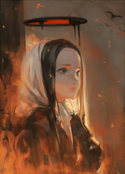 Rule 34 | 1girl, bird, black eyes, black hair, burning at the stake, closed mouth, commentary, crying, crying with eyes open, dark halo, dripping, english commentary, expressionless, fire, from side, halo, head scarf, litra (ltr0312), long hair, looking away, original, solo, sparks, tears, white headwear