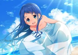 Rule 34 | 1girl, alternate costume, arms behind back, blue eyes, blue hair, blue sky, cloud, cowboy shot, day, dress, gradient hair, kantai collection, leaning forward, long hair, looking at viewer, multicolored hair, off-shoulder dress, off shoulder, oge (ogeogeoge), outdoors, samidare (kancolle), sky, smile, solo, swept bangs, very long hair, white dress
