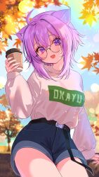 Rule 34 | 1girl, :3, :d, absurdres, ahoge, alternate costume, animal ear fluff, animal ears, arm support, autumn, autumn leaves, belt, black belt, blurry, blurry background, blush, bokeh, casual, cat ears, cat girl, character name, coffee cup, cowboy shot, crossed bangs, cup, day, denim, denim shorts, depth of field, disposable cup, drink, english text, glasses, hair between eyes, hand up, head tilt, highres, holding, holding drink, hololive, lens flare, long sleeves, looking at viewer, medium hair, nekomata okayu, no tail, open mouth, outdoors, purple eyes, purple hair, rei toba, shirt, short shorts, shorts, sidelocks, sitting, sky, smile, solo, sparkling eyes, thighs, tree, virtual youtuber, white shirt