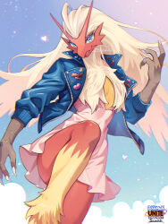 1girl animal_hands arm_at_side artist_name badge beak bird_girl blaziken blonde_hair blue_background blue_eyes blue_jacket body_fur breasts button_badge character_name chromatic_aberration claws clothed_pokemon colored_sclera copyright_name creatures_(company) dress english_text female_focus furry furry_female game_freak gen_3_pokemon gradient_background hand_up happy heart jacket japanese_text leg_up legs logo long_hair looking_at_viewer mixed-language_text neck_fur nintendo open_clothes open_jacket open_mouth pokemon pokemon_(creature) pokemon_unite red_fur short_dress signature sleeves_rolled_up small_breasts smile solo standing standing_on_one_leg suahh two-tone_fur white_dress yellow_fur yellow_sclera zipper